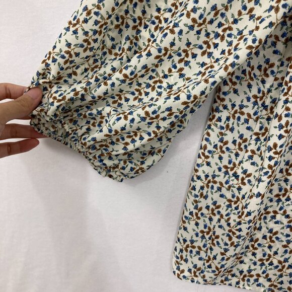 New Max Studio 2X Blue Brown Ditsy Floral Ruffle Cold Shoulder Cottagecore Top - Picture 5 of 10